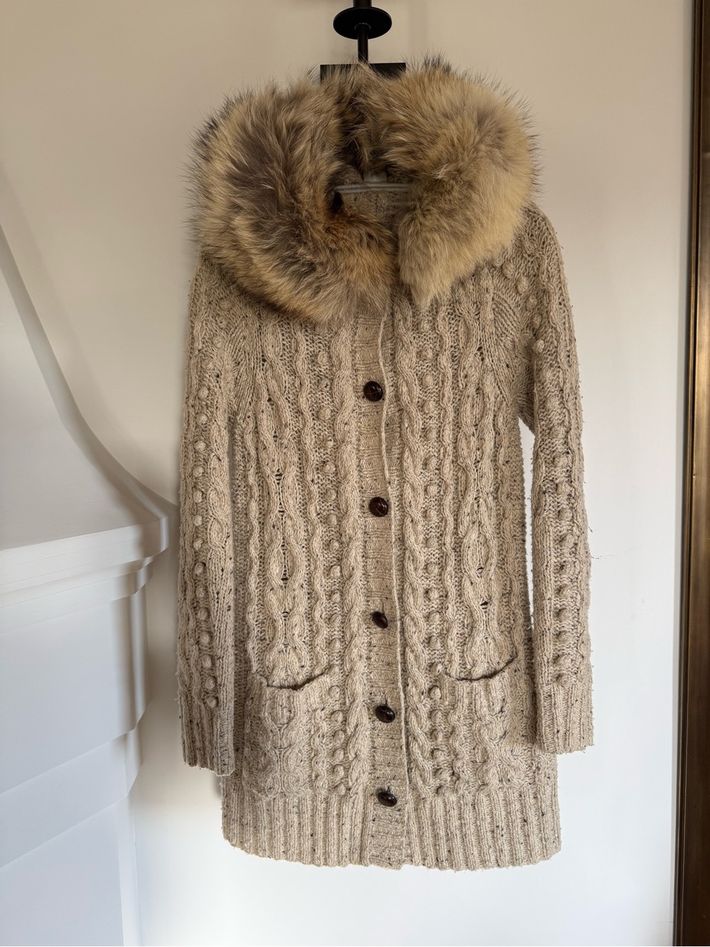 J. Crew wool and cashmere Cable-Knit Sweater Coat with real Fur Collar